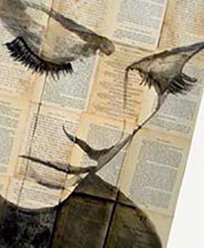 Painting of a face, looking down, on yellowed book pages