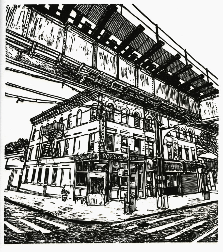 Black and white print of a city corner