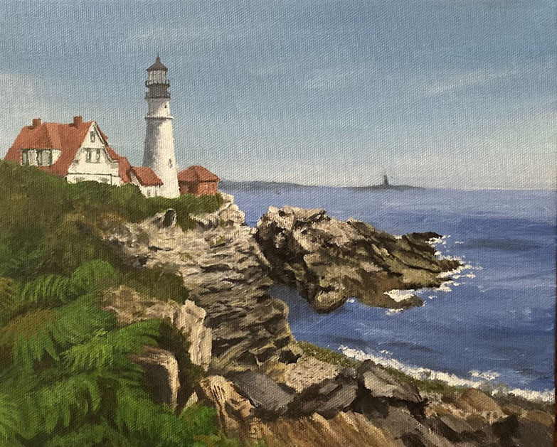 Painting of a light house from afar