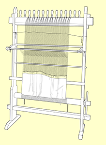 Drawing of a standing loom with a partially-woven piece of fabric on it