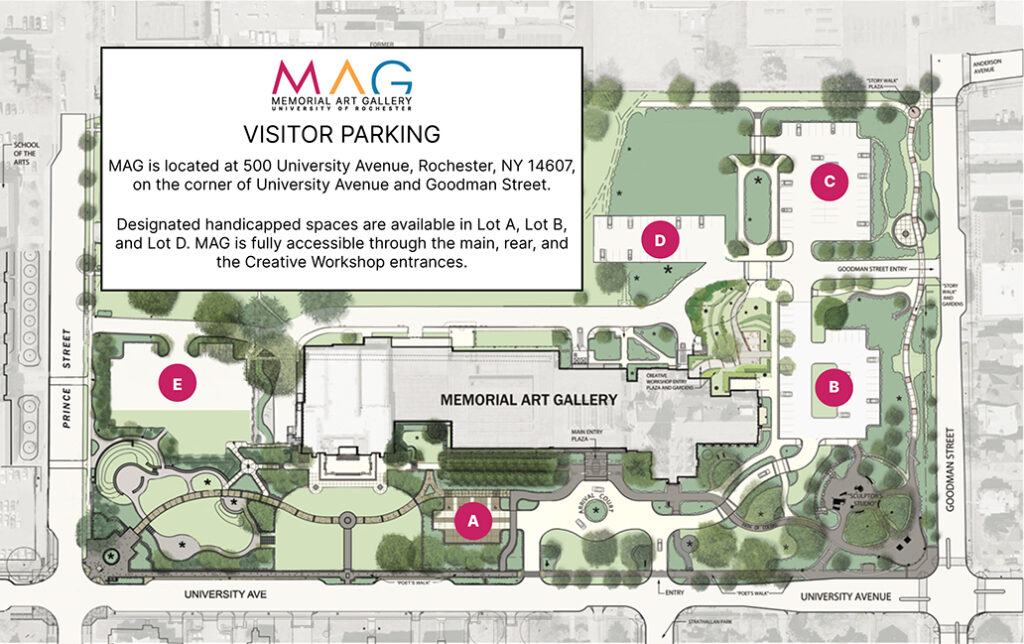 Designated handicapped spaces are available in Lot A (off University Ave), Lot B, and Lot D (off Goodman St). MAG is fully accessible through the main, rear, and Creative Workshop entrances.
