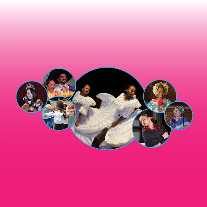 A cluster of circles showing moments from past Hispanic Heritage Celebration Days, on top a vertical gradient from white to hot pink.