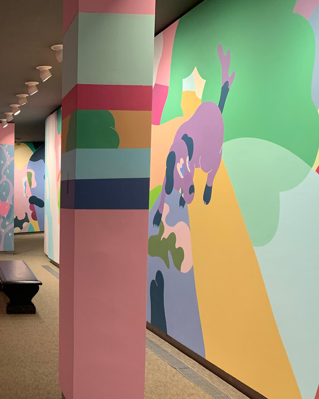 A bright, colorful wall mural in the Hurlbut Gallery.