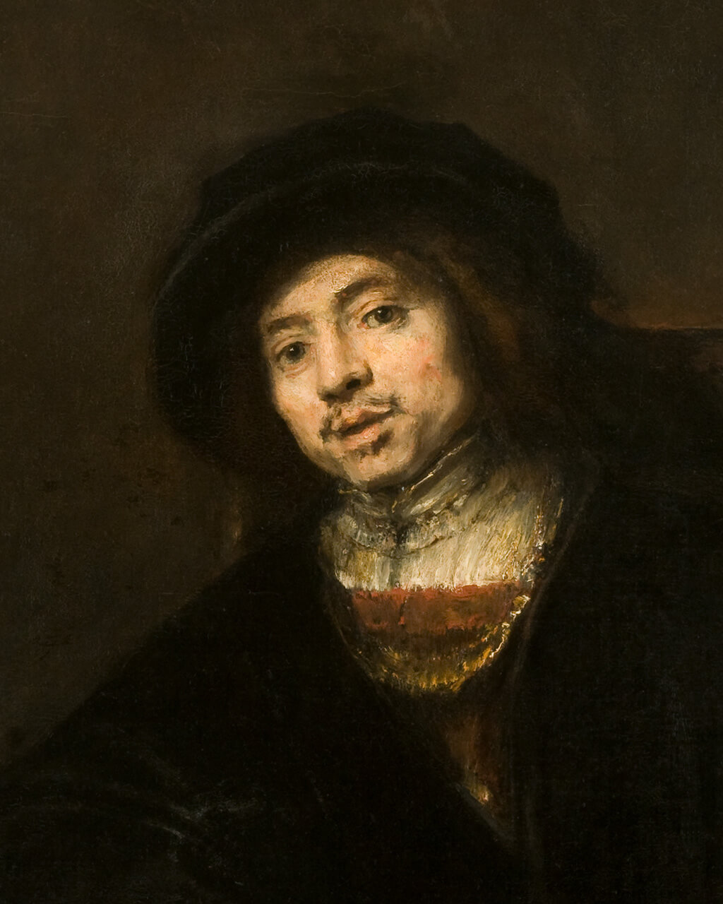 Oil painting of a young man sitting in an armchair, pale face standing out against his dark clothing and background