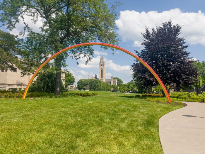 Large arch made of rainbow steel cords.