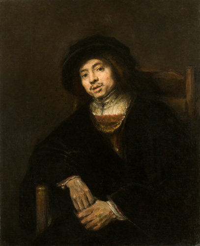 Oil painting of a young man sitting in an armchair, pale face standing out against his dark clothing and background