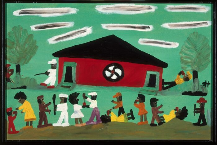 Painting of a blocky red house against a green background, surrounded by stick figures in bright clothing.