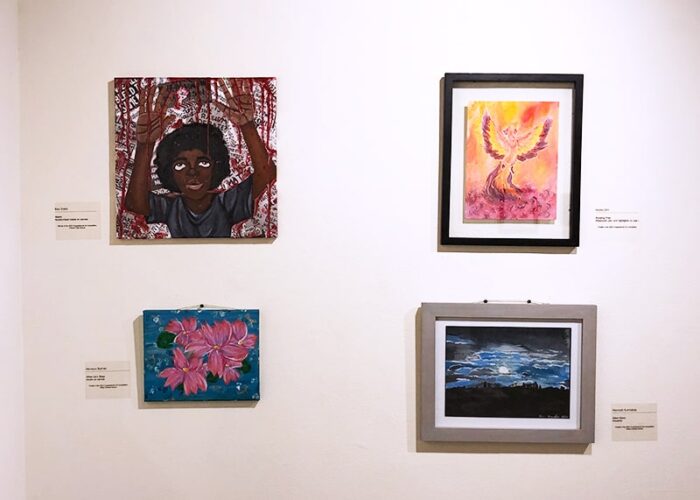 Four works of art hung in the Lucy Burne Gallery