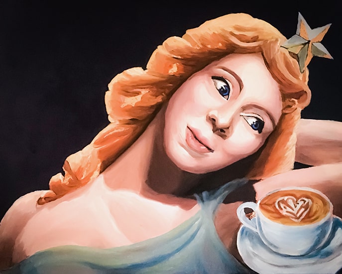 Painting of a woman wearing a star headband smiling at a cappuccino.