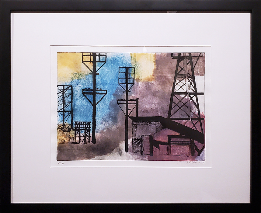 Black electric poles standing in space against ground implied by washes of color.