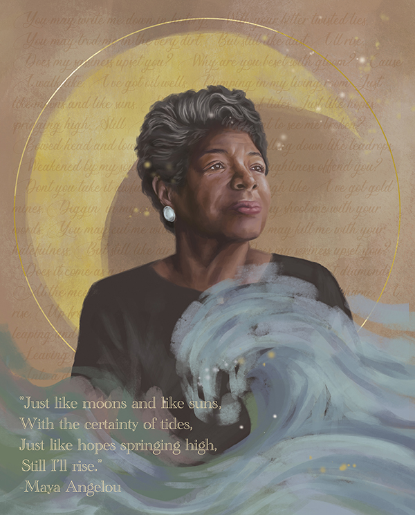 Painting of Maya Angelou, words from her poetry in the background.