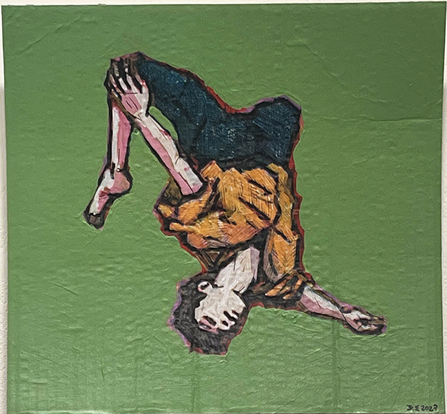 Blocky painting of a boy doing a flip, suspended against a solid green background.
