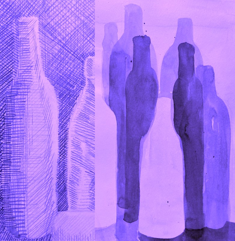 Purple bottles formed from ink wash shadows.