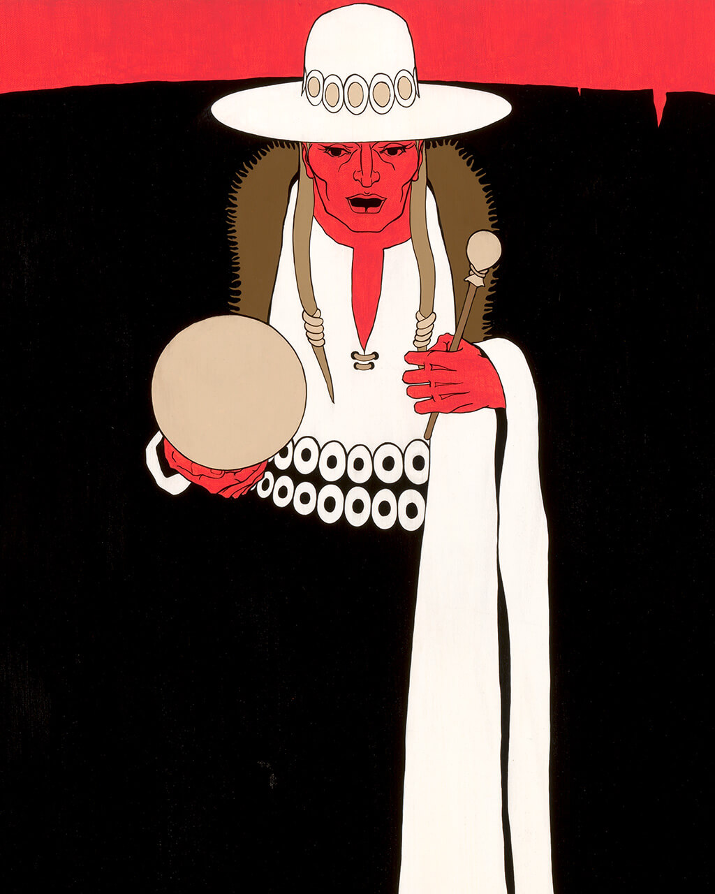 Painting of a person in a white hat and shirt holding a drum against stark black and red background.