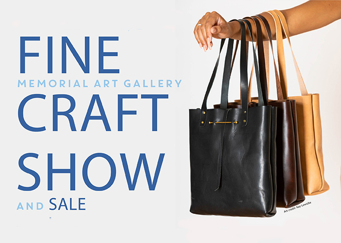 An arm holding handmade leather bags next to the words "Memorial Art Gallery Fine Craft Show and Sale."