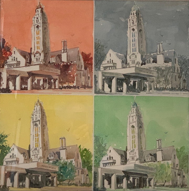 Four watercolor paintings of Cutler Union, each with a different color for the sky.