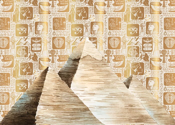 Two pyramids against a background of golden hieroglyphics.