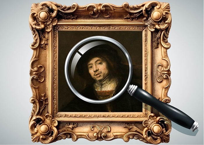A magnifying glass set over Rembrandt's Portrait of a Young Man in an Armchair.