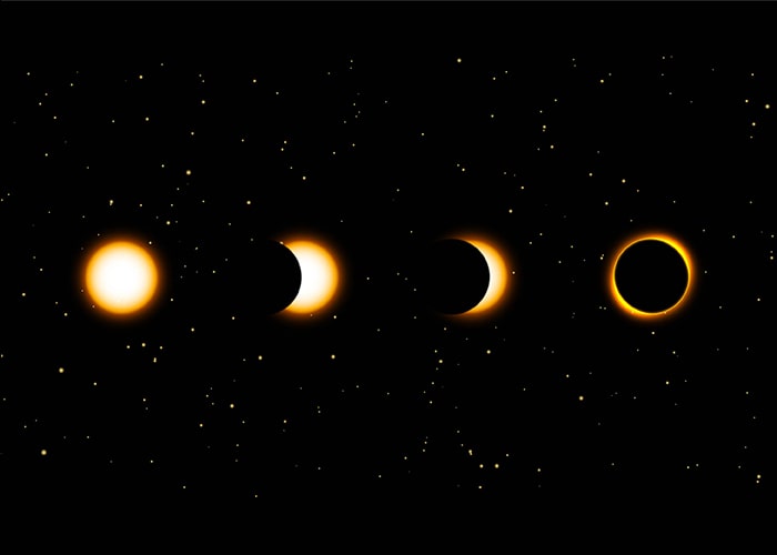 Four stages of a solar eclipse, from the full sun to an eclipse, against a black sky.