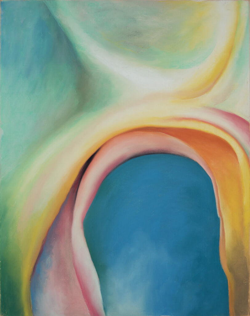 Pastel drawing of abstract, colorful curves.