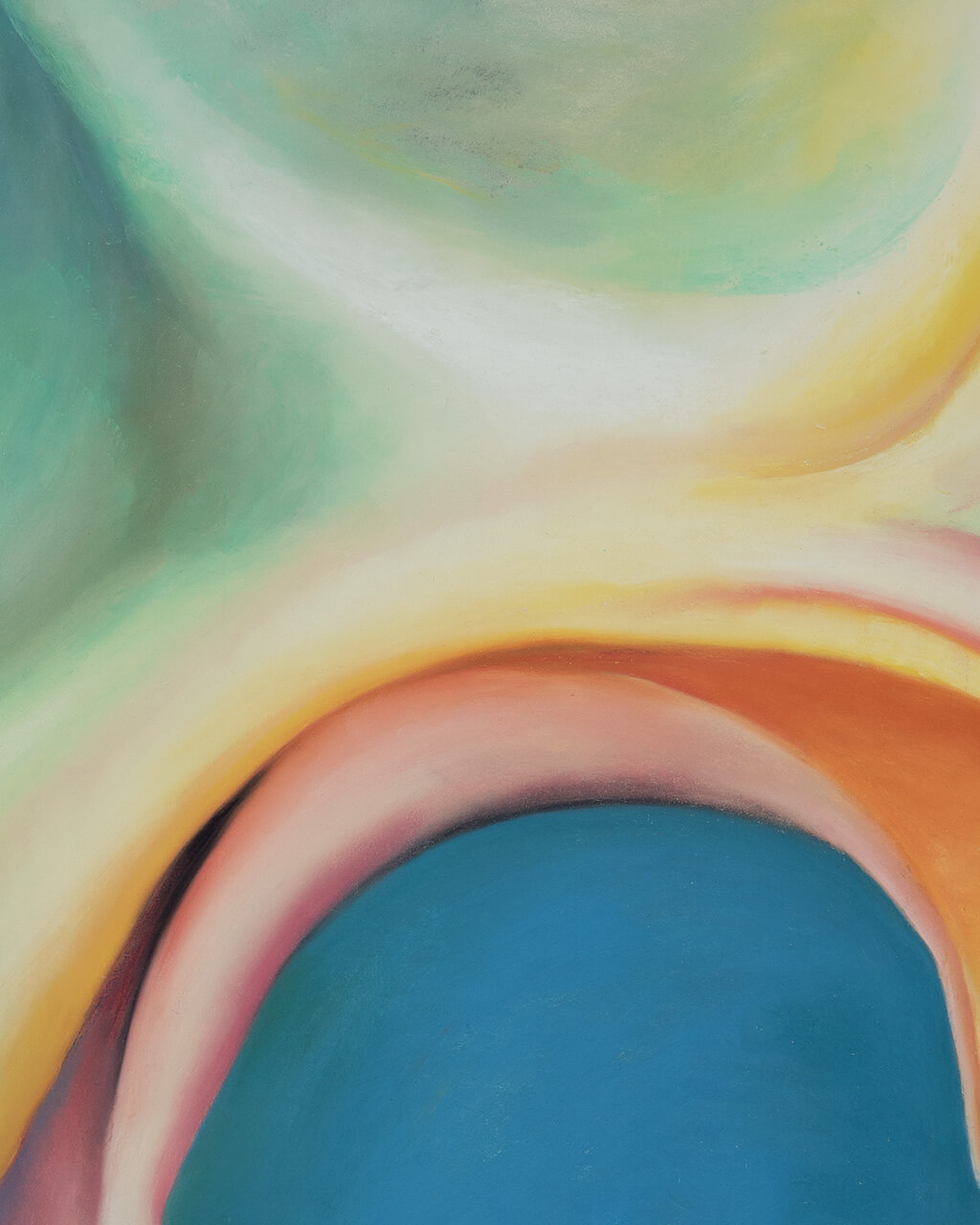 Pastel drawing of abstract, colorful curves.
