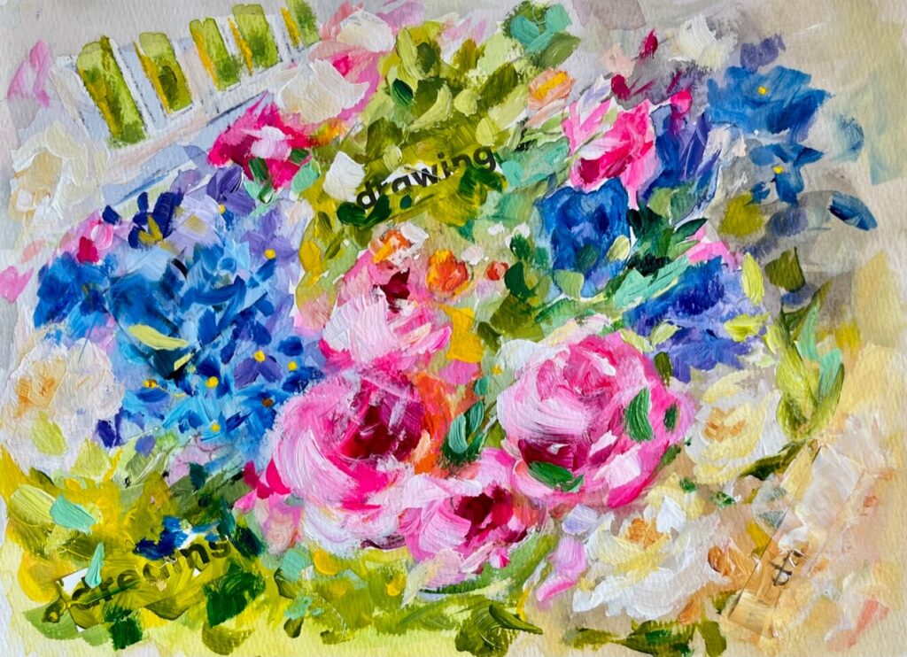 A palette of bright fuchsia pink, blues, white and yellows and green jump off the page with textured brush strokes that bring abstract flowers to life on the page.