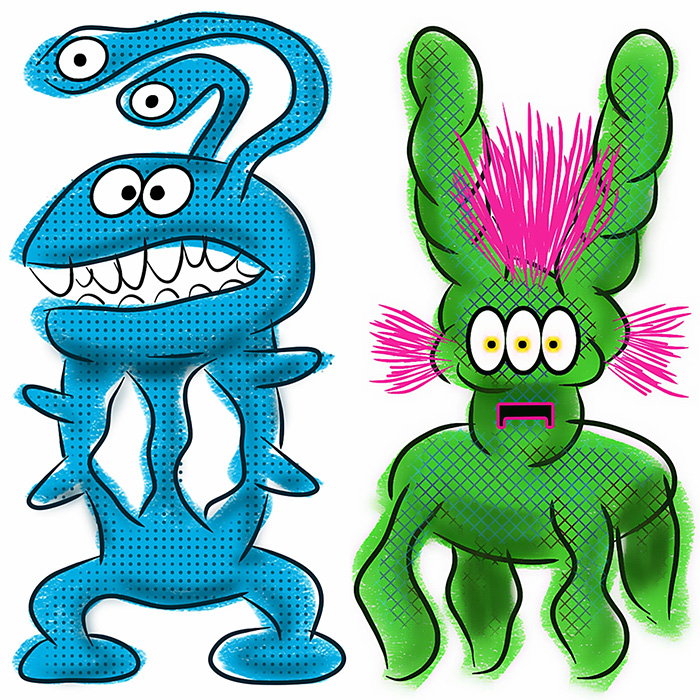 Two hand-drawn monsters, one blue and one green, with multiple eyes and multiple legs have silly expressions on their faces.