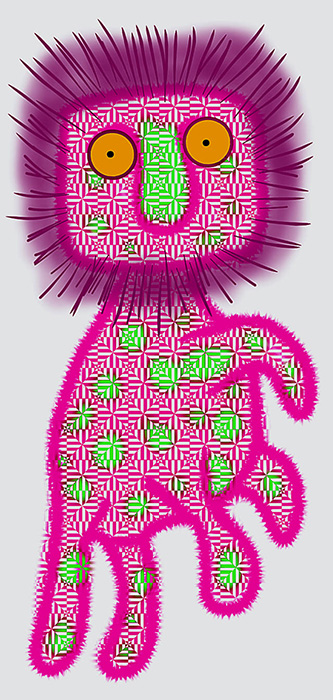 A friendly lion-like creature with pink patterned fur, a mane of black and lime green spots stares at the viewer with large orange eyes.