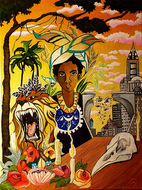 The figures of a young boy elaborately dressed and a roaring lion are central in a painting with a glowing yellow orange sky with pink clouds and the silhouette of a branching tree over a small crumbling city in the background.