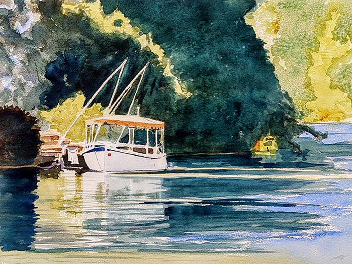 A watercolor depicts a small white and blue tour boat with a canopy sits along the tree-lined banks of a calm waterway with the shady greens and blues of the trees reflecting on the surface.
