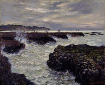Impressionist oil painting of water splashing across a rocky shore.