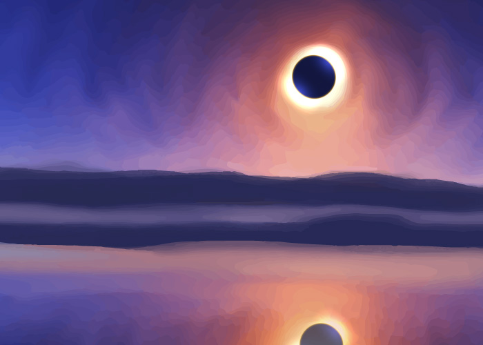 A digital panting of an eclipse over gentle hills and water.