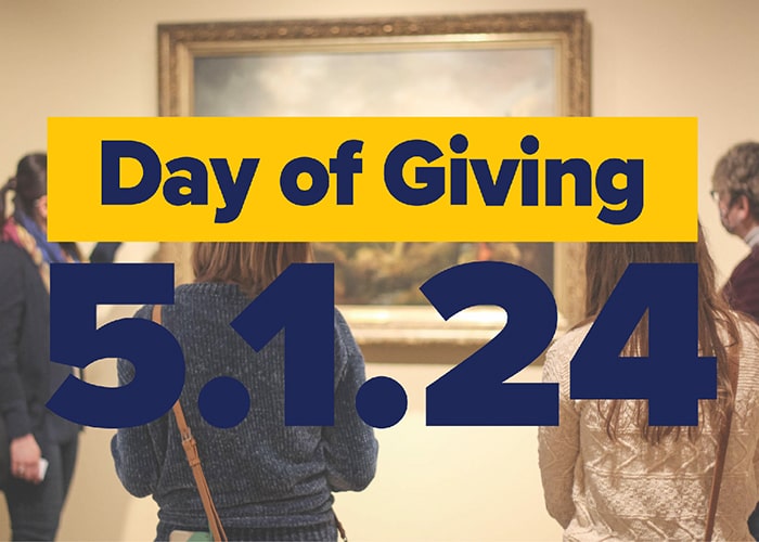 The words "Day of Giving 5.1.24" superimposed over people looking at art in the museum.