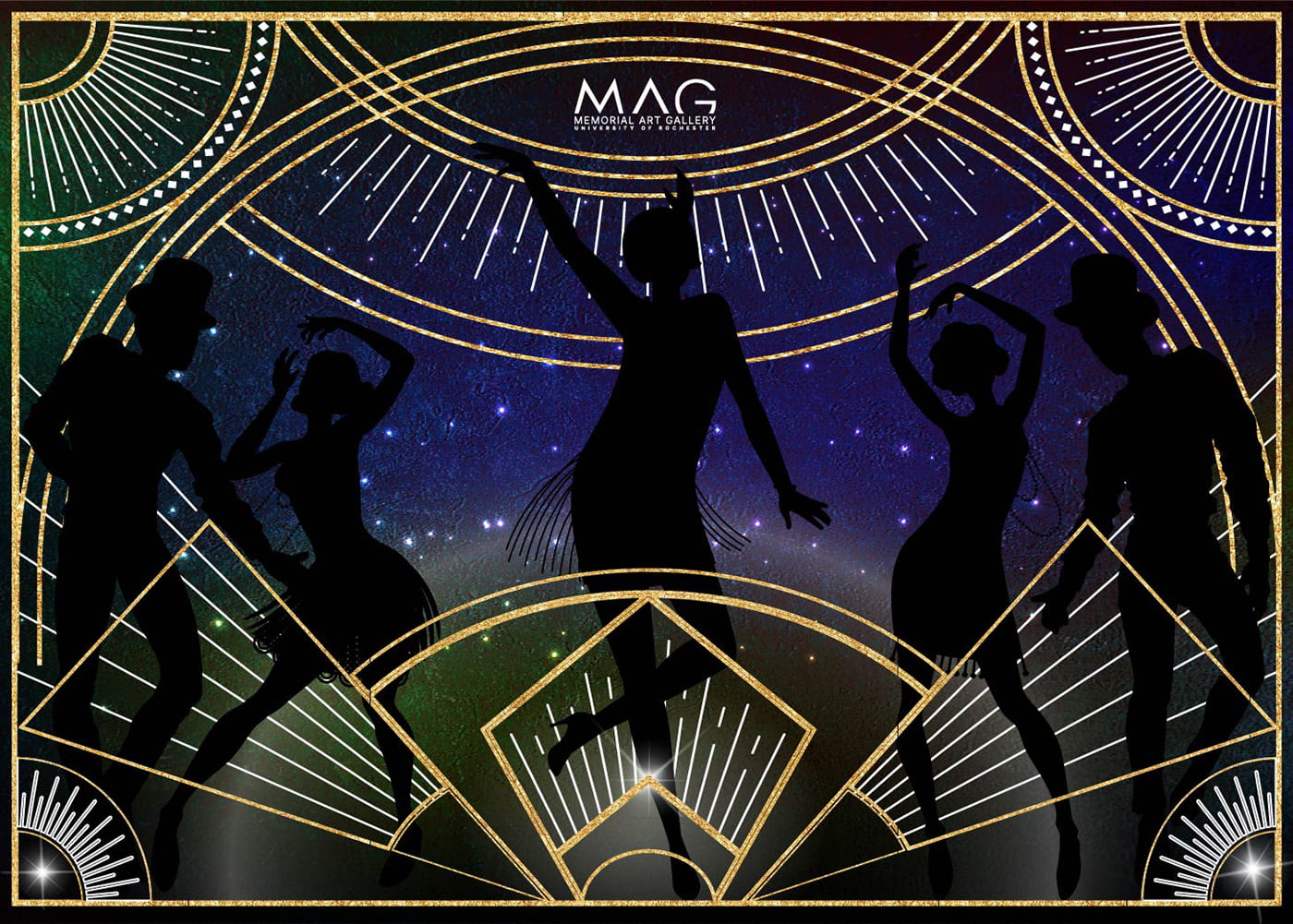 Silhouettes of 1920s dancers against a dark background, surrounded by bright gold Art Deco-inspired decorative elements.