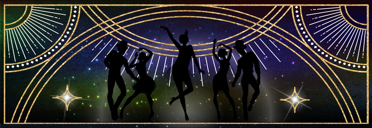 Silhouettes of 1920s dancers against a dark background, surrounded by bright gold Art Deco-inspired decorative elements.