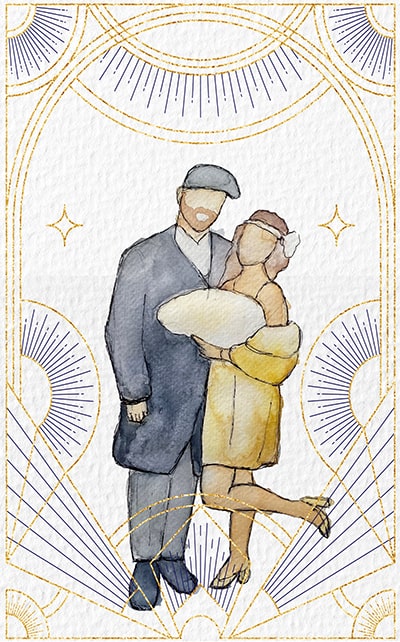 Watercolor painting of a couple wearing 1920s clothing.