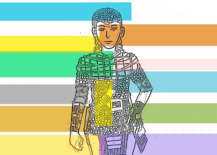 A warrior figure is drawn in all black lines atop a series of bold horizontal color blocks. The colors teal, orange, yellow, green, light purple and taupe span the image.