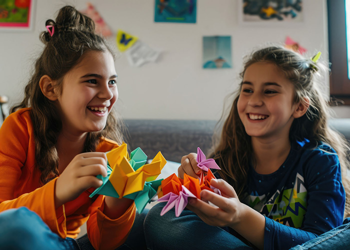 Two girls laughing and smiling as they create origami.