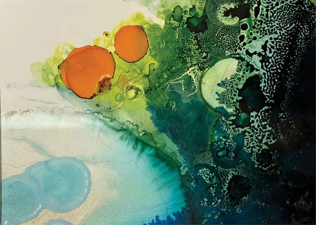 An abstract painting in greens and blues and yellows, with dots and bubbles of paint forming shapes and curves.