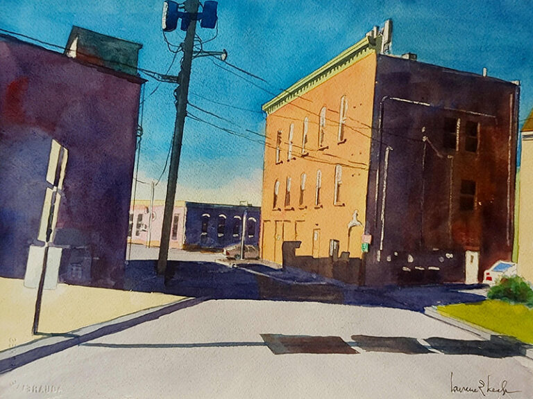 A watercolor painting of a street in bright, contrasting sun and deep shadow.