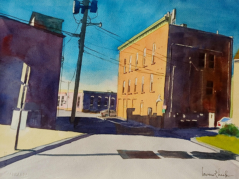 A watercolor painting of a street in bright, contrasting sun and deep shadow.