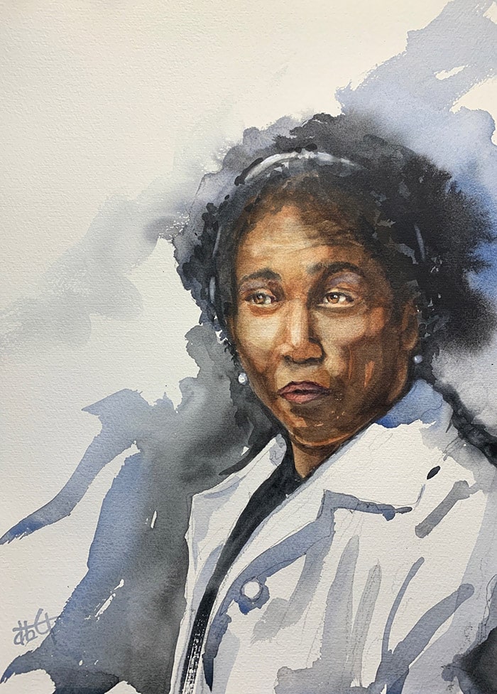Watercolor painting of a black woman in a grey coat.