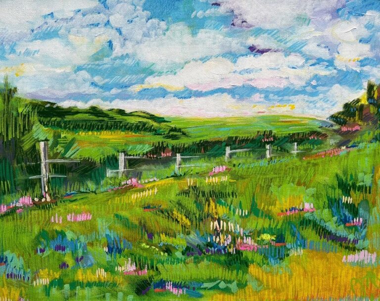 Painting of a field full of wildflowers on a sunny day, rendered in choppy brushstrokes.