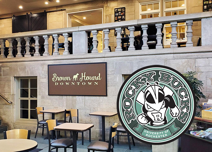 Brown Hound Downtown with the Rocky Bucks logo.