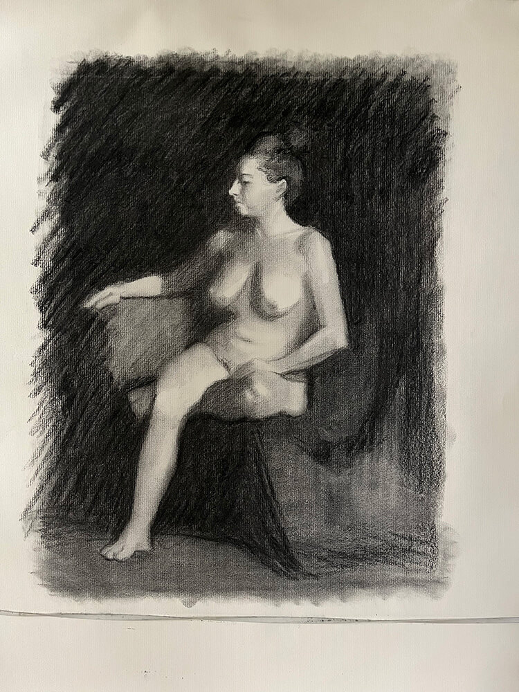 A charcoal drawing of a nude female model.