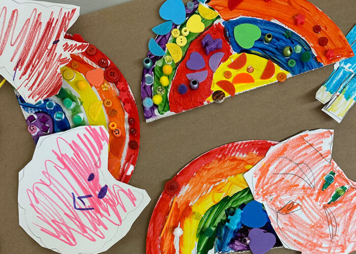 Handmade rainbows with cat faces as clouds.