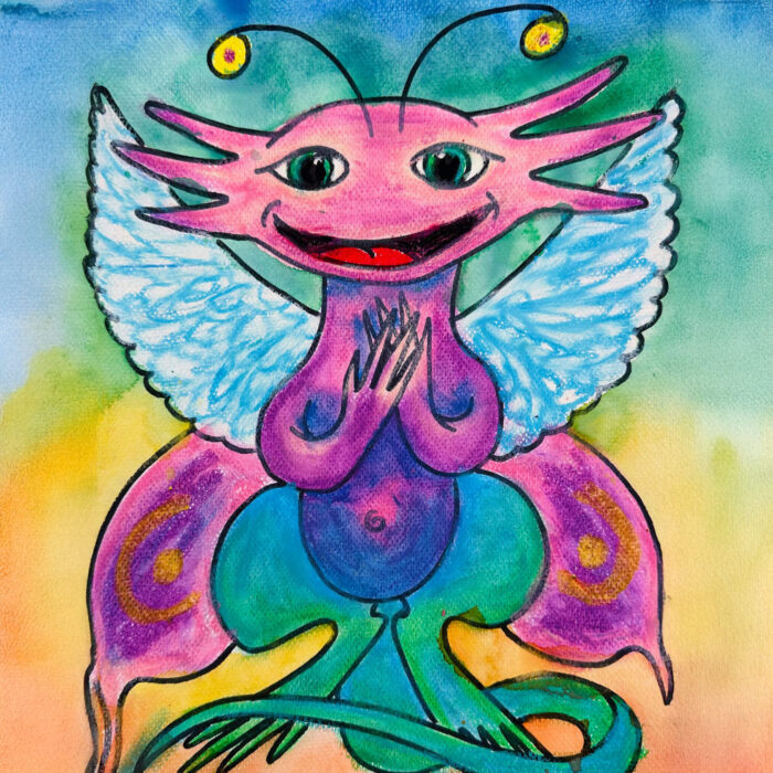 A colorful, smiling alien animal.