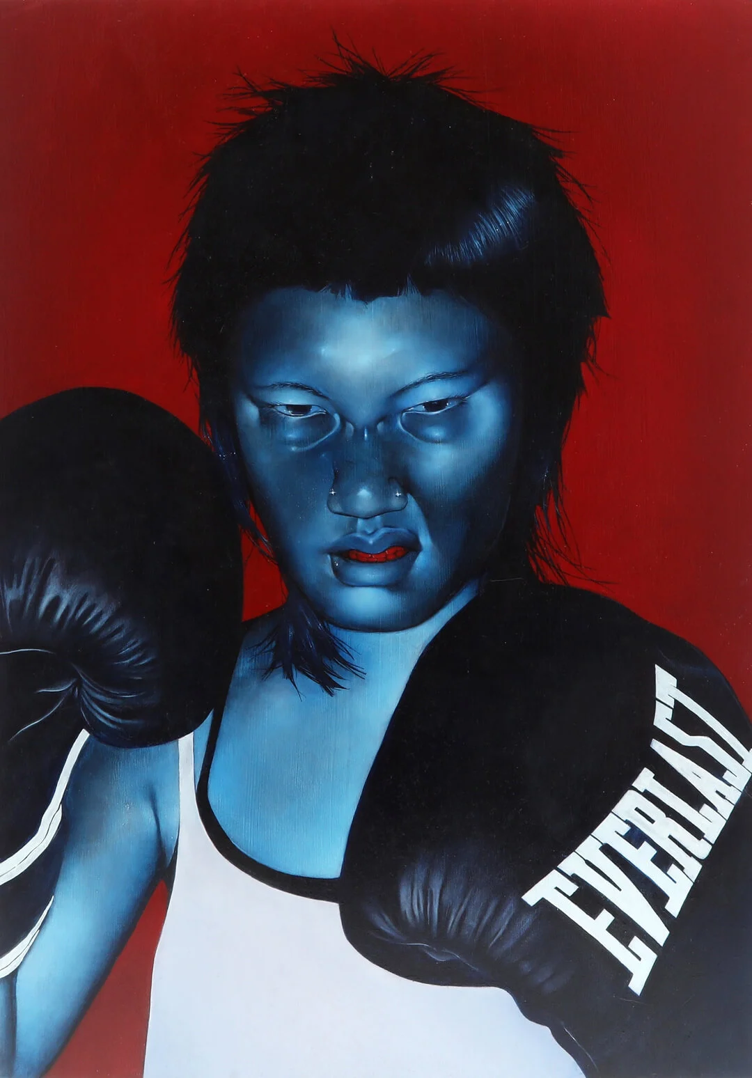Oil painting of a boxer facing the viewer directly, fists held up. Their skin is in shades of blue against a dark red background.