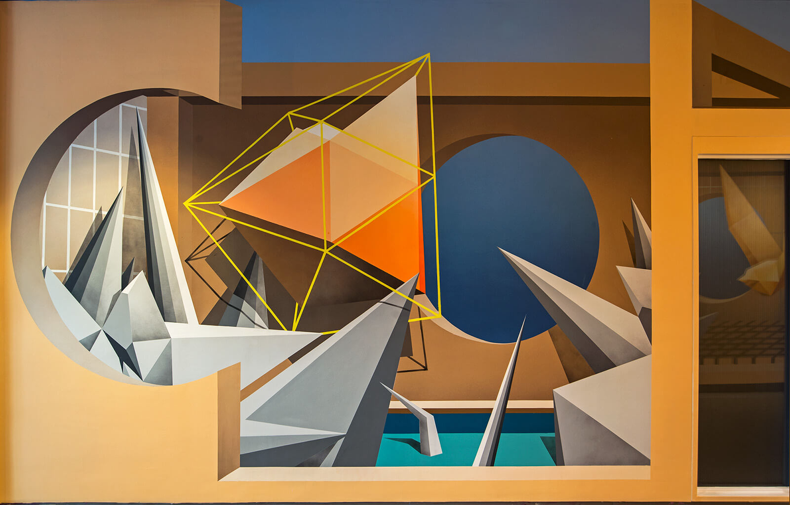 One section of Avinash Kumar's mural Illusionary Odyssey, showing an abstract geometric landscape.