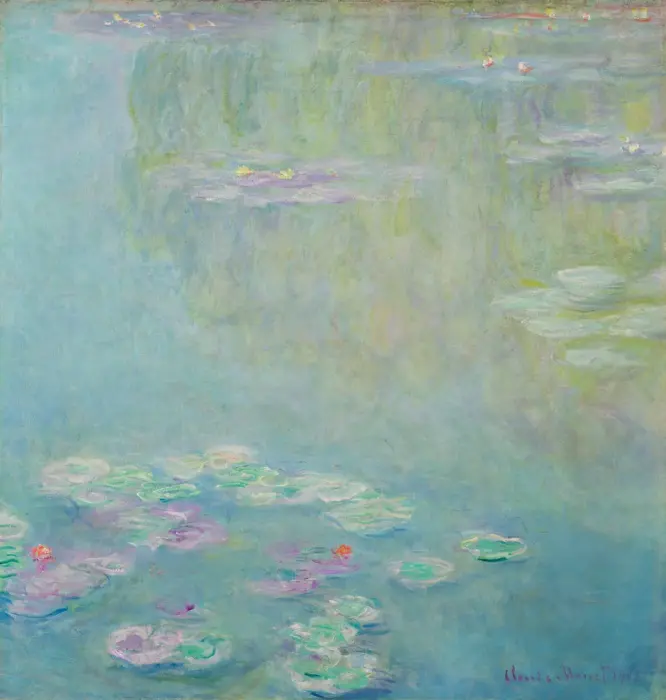 An impressionist oil painting in shades of blue and green of waterlilies drifting on water.